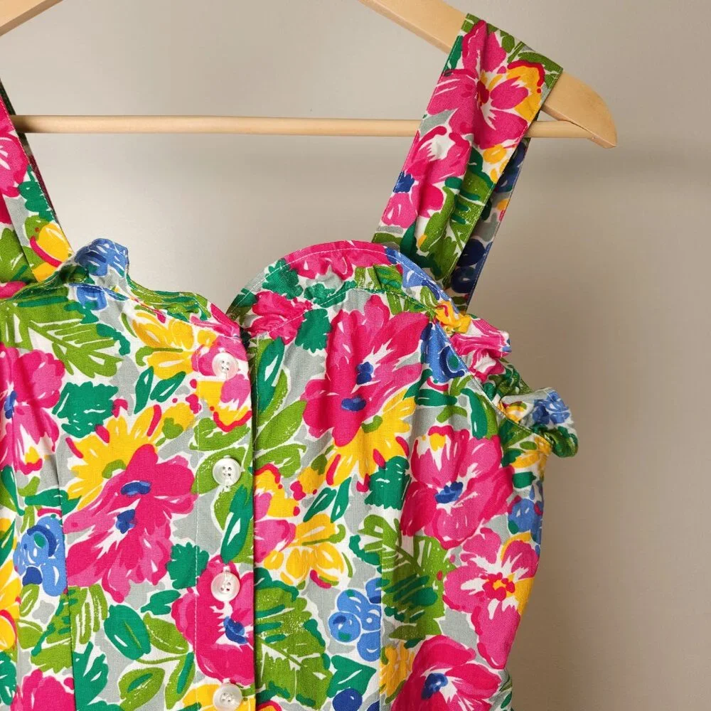 Vintage tropical cotton floral sleeveless midi dress, ruffle sweetheart neckline - Picture 7 of 13